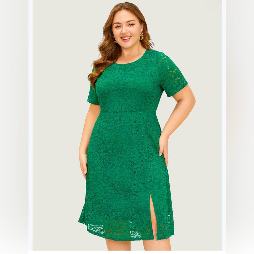 BloomChic Floral Lace Beaded Zipper Split Hem Green Midi Dress Size 12 Large NWT